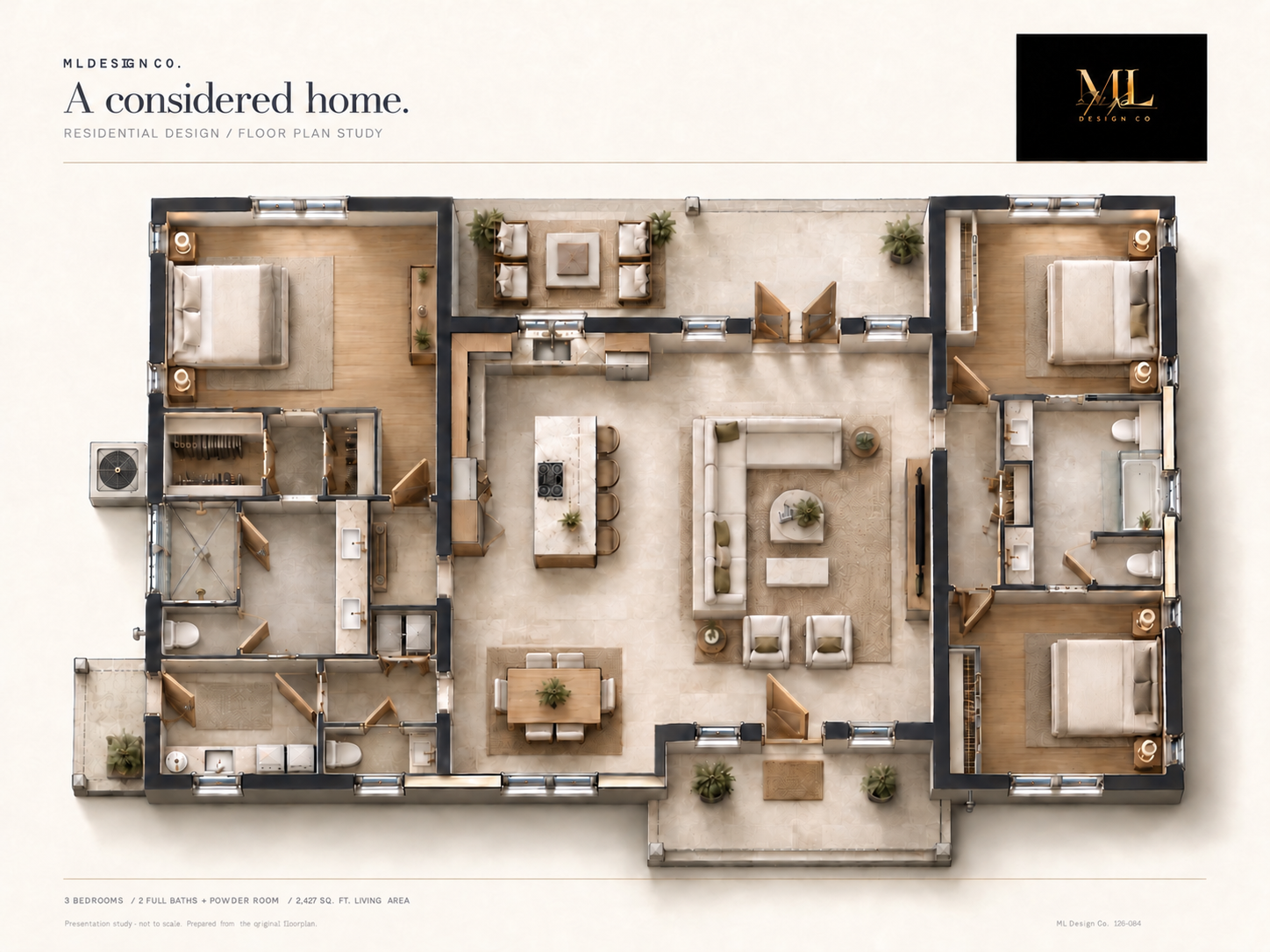 ML Design Co. rendered overhead residential floor plan study showing three bedrooms, an open kitchen, dining and living area, and covered porches.