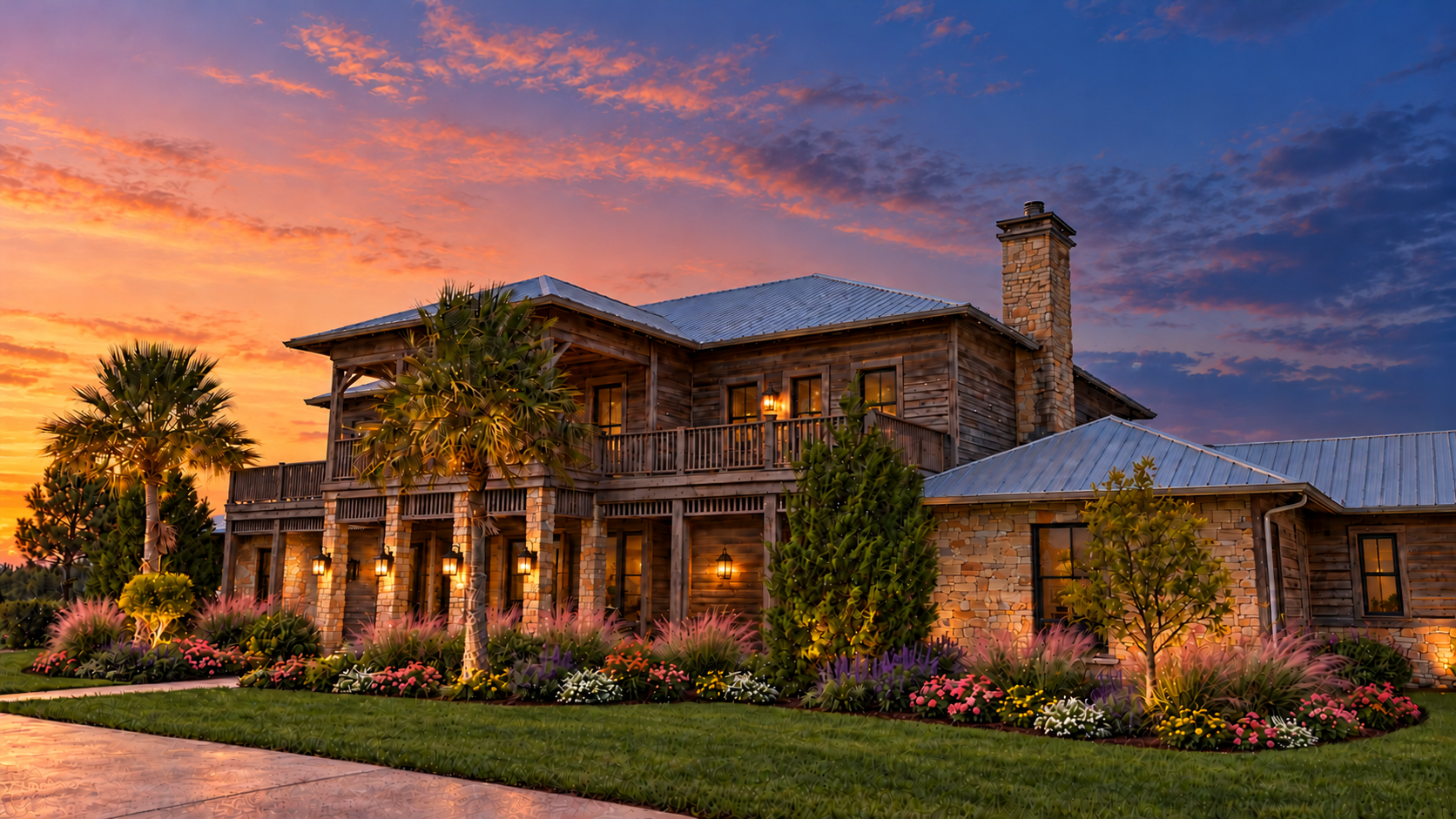 A separate rustic residence at dusk with weathered timber, natural stone, metal roofing, warm sconces, softly lit windows, and colorful flowering beds with ornamental grasses.