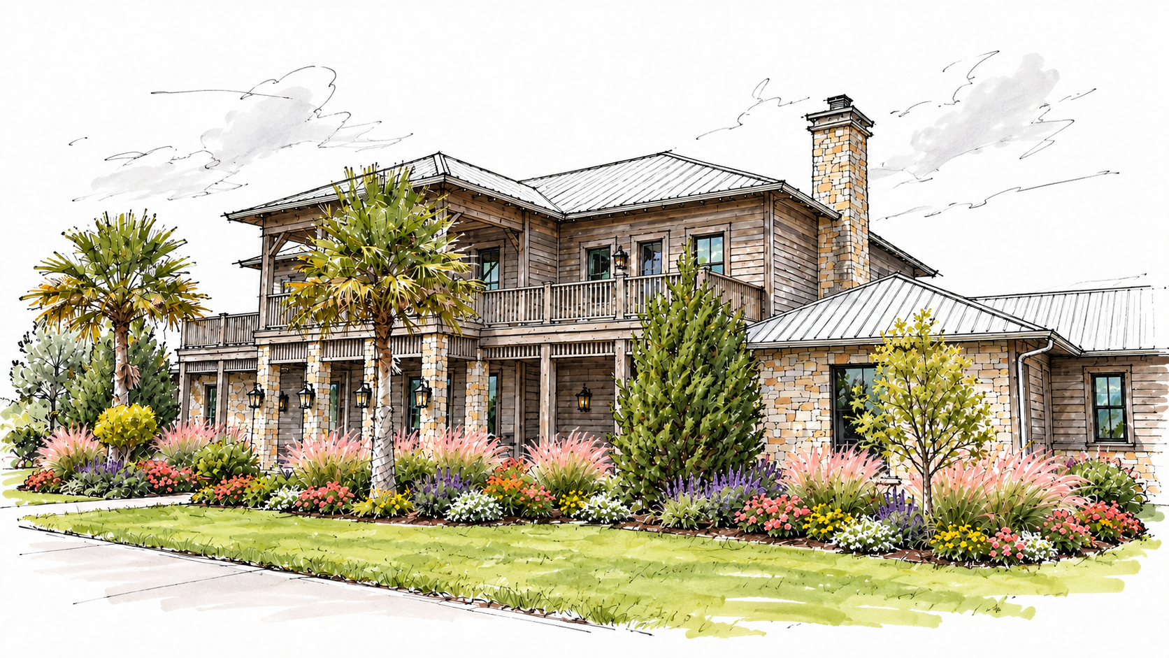Architectural marker sketch of a rustic residence and garden, with expressive black fineliner, soft gray shading, colorful annuals, and ornamental grasses.